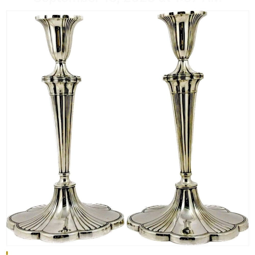 Antique 1914 Gotham Silver Plate 11” Candlesticks with Original Silver Bobeches.